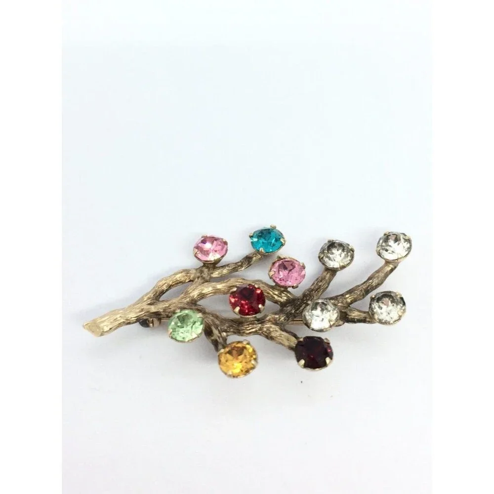 Vintage VAN DELL Brooch 12k Gold Filled Branch Multicolor Rhinestone UV Glow